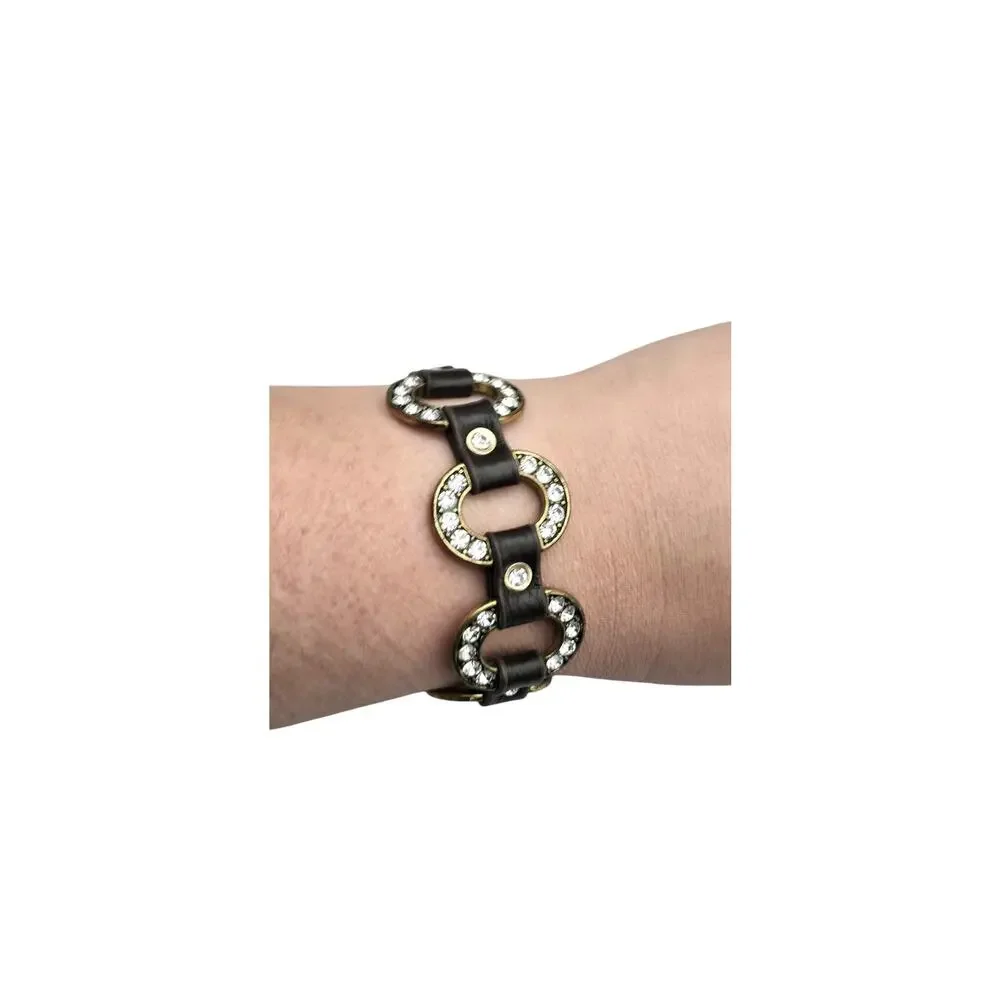 Brown Leather Rhinestone Link Bracelet Modern Western Glam